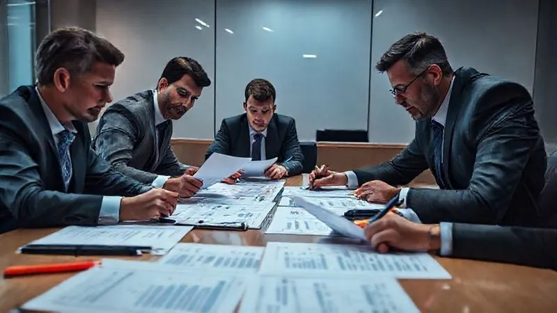 A professional legal and financial team collaboratively reviewing complex financial documents and digital spreadsheets on a large conference table, pens and highlighters visible. The atmosphere is serious and focused, with cinematic lighting highlighting the documents. Photorealistic, professional photography, 8K, sharp focus, depth of field, shot on a high-end DSLR.