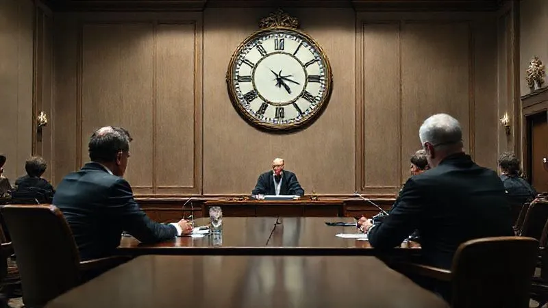 A solemn, professional arbitration hearing in progress, with three arbitrators seated at a raised table, facing legal counsel presenting arguments. A large, ornate clock is visible on the wall, emphasizing the gravity of time and decisions. The room is formal and traditional, with cinematic lighting and sharp focus on the central figures. Photorealistic, professional photography, 8K, depth of field, shot on a high-end DSLR.