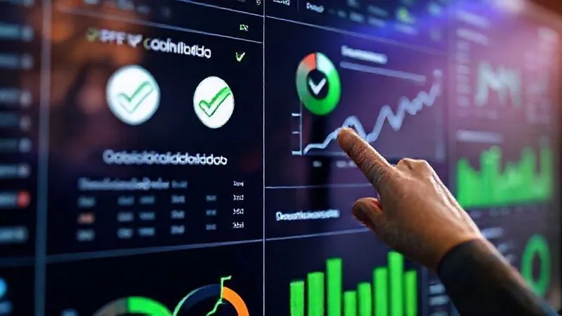 A highly detailed digital dashboard displaying various financial metrics, charts, and compliance indicators for a sports club. The screen shows green checkmarks next to 'FFP Compliance' and 'Budget Adherence'. A hand points to a 'Future Projections' graph. The image conveys modern financial technology and foresight. Photorealistic, professional photography, 8K, cinematic lighting, sharp focus, depth of field, shot on a high-end DSLR.