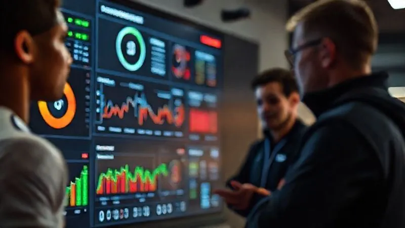 photorealistic, professional photography, 8K, cinematic lighting, sharp focus on a detailed digital dashboard displaying athlete performance metrics with green and red indicators, depth of field blurring a coaching staff in discussion, shot on a high-end DSLR, analytical yet intense