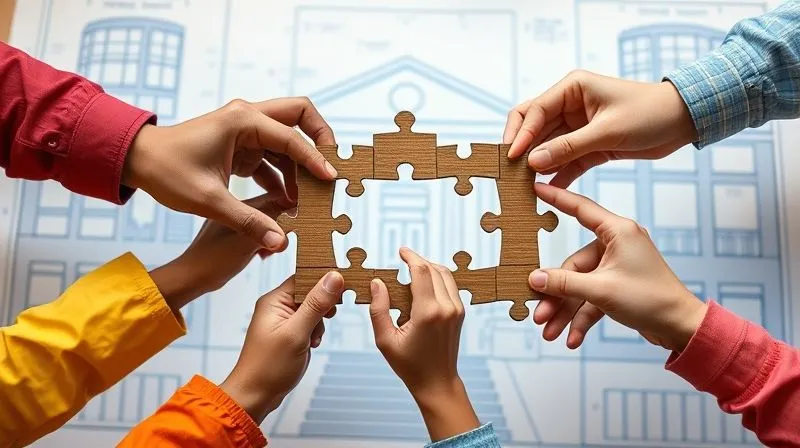 A photorealistic image of diverse hands collaboratively building a complex legal framework with interlocking pieces, representing policy design. The background is a blurred blueprint of a school building. Cinematic lighting, sharp focus on the hands and framework, 8K, shot on a high-end DSLR.