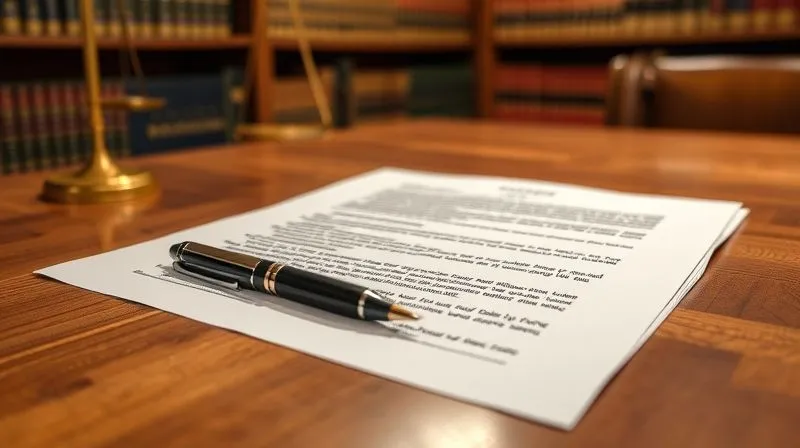 A photorealistic image of a legal document or a contract open on a polished wooden table, with a pen resting beside it, emphasizing key clauses like 'no-strike' and 'collective bargaining agreement'. The lighting is soft but professional, sharp focus on the document, depth of field blurring the background of a legal library.