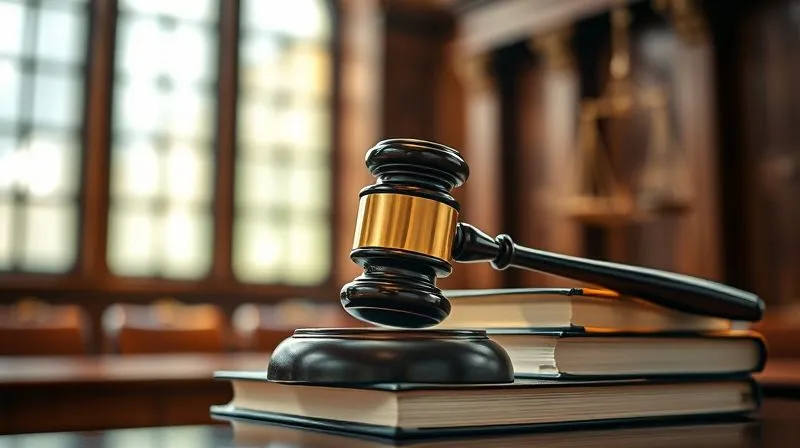 A photorealistic, close-up image of a gavel resting on a stack of legal books in a courtroom setting, emphasizing the gravity of legal action. Cinematic lighting, sharp focus on the gavel, depth of field blurring the background.