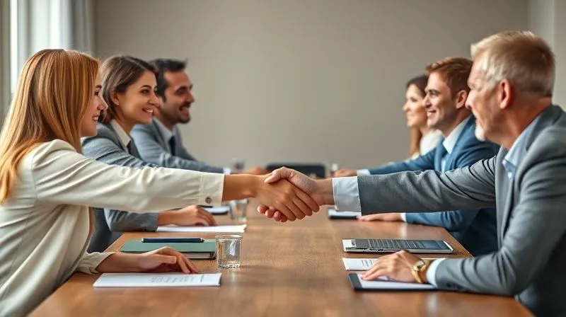 A photorealistic image of a diverse group of employees and management shaking hands across a conference table, symbolizing reconciliation and renewed trust after a dispute. The atmosphere is professional and positive, with soft, natural lighting. Sharp focus on the hands, depth of field blurring the faces slightly.