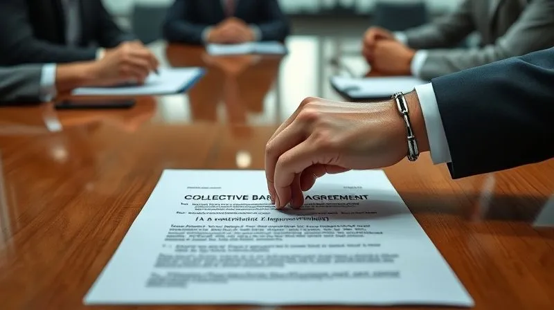 A photorealistic close-up of two hands, one wearing a business suit cufflink and the other a sports team bracelet, clasped over a legal document titled 'Collective Bargaining Agreement'. The document lies on a polished conference table, with blurred silhouettes of negotiators in the background. Professional photography, 8K, cinematic lighting, sharp focus, depth of field.