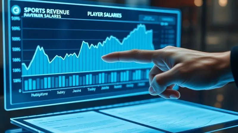 A photorealistic image of a futuristic holographic display showing a dynamic graph of sports league revenues and player salaries, with legal documents subtly layered beneath the projection. A hand points to a specific data point, indicating analysis of trends. Professional photography, 8K, cinematic lighting, sharp focus, depth of field.