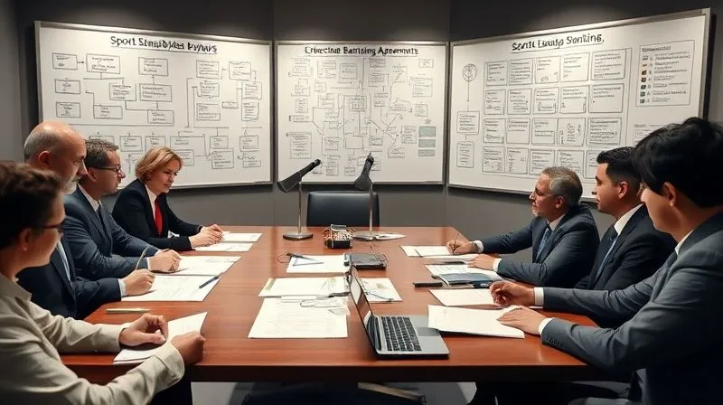 A photorealistic image of a legal team collaborating around a large conference table, reviewing sports league bylaws and collective bargaining agreements. Whiteboards in the background show complex flowcharts related to antitrust compliance. The atmosphere is serious and focused. Professional photography, 8K, cinematic lighting, sharp focus, depth of field.