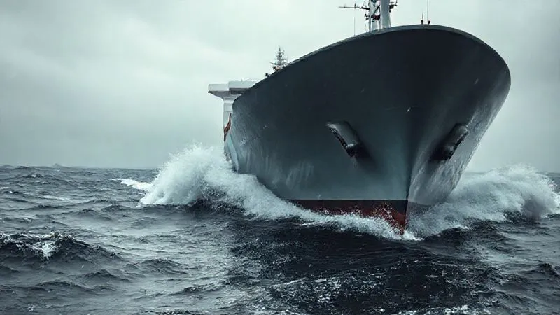 A photorealistic image of a large, modern cargo ship's bow cutting through choppy, grey seas during a storm, water splashing over the deck. The ship's hull shows minor signs of wear, conveying resilience amidst peril. Cinematic lighting, sharp focus on the ship, depth of field blurring the stormy horizon, 8K hyper-detailed, shot on a high-end DSLR.