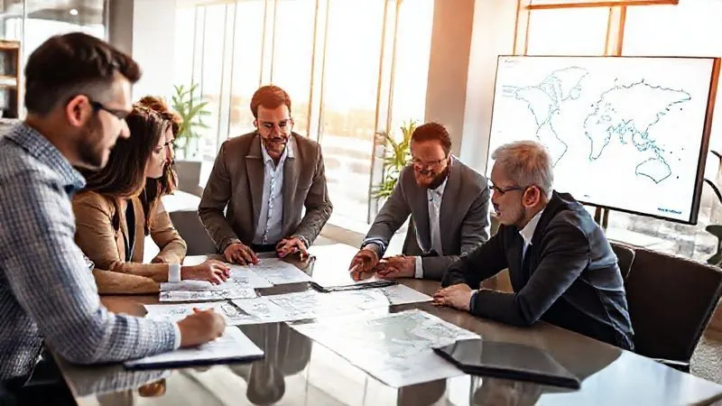 A photorealistic, professional photography image of a diverse team of maritime professionals in a modern, sunlit office, gathered around a large table, intently discussing documents and a digital map displayed on a screen. One person, an experienced marine insurance broker, points confidently to a clause in a document. The atmosphere is collaborative and focused. Cinematic lighting, sharp focus on the team and documents, depth of field blurring the background, 8K hyper-detailed, shot on a high-end DSLR.