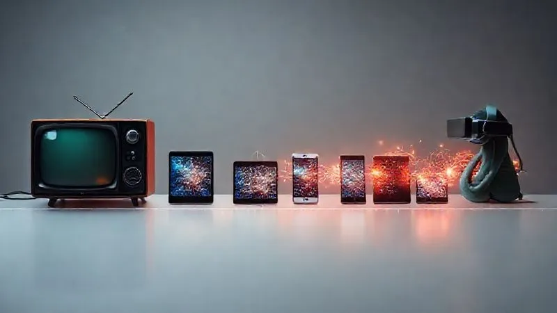 A photorealistic timeline graphic depicting the evolution of sports media consumption, starting from a vintage television set and progressing through modern smartphones, tablets, and VR headsets, with a dynamic, glowing data stream connecting them, cinematic lighting, 8K hyper-detailed, professional photography, shot on a high-end DSLR.