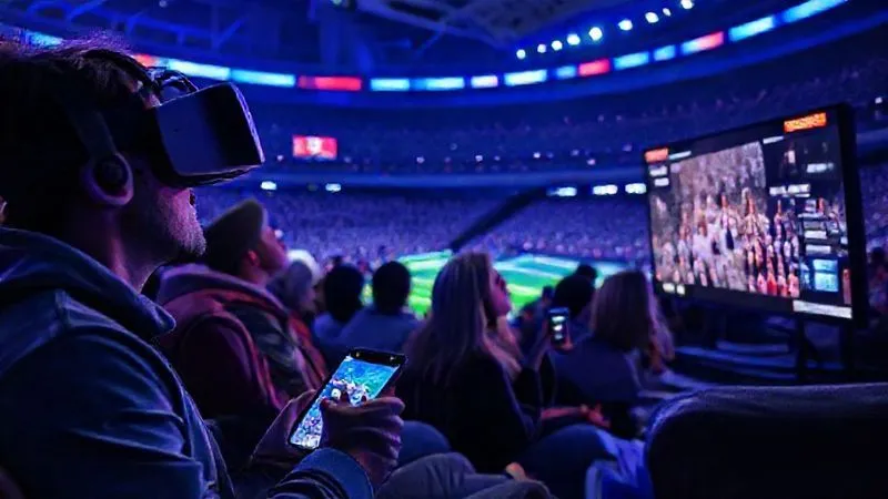 A photorealistic scene showing a diverse group of sports fans engaging with a live game through various modern technologies: one person wearing a VR headset, another viewing highlights on a smartphone with social media feeds, and a family watching a smart TV with interactive overlays, all bathed in futuristic blue and purple cinematic lighting, 8K hyper-detailed, professional photography, shot on a high-end DSLR.