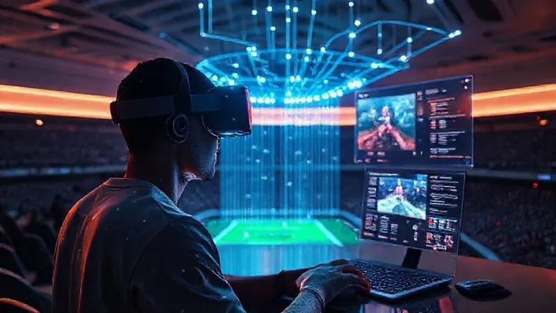 A photorealistic abstract representation of the future of sports media: glowing data streams connecting a virtual reality headset, a holographic projection of a sports event, and a user interface showing AI-generated content suggestions, all within a futuristic, minimalist environment with soft, ambient lighting, 8K hyper-detailed, professional photography, shot on a high-end DSLR.