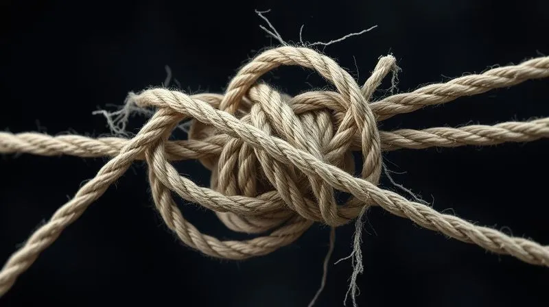 A photorealistic, professional photography, 8K, cinematic lighting, sharp focus, depth of field, shot on a high-end DSLR, depicting a complex, tangled knot of ropes, with one end fraying and being pulled apart, symbolizing deliberate obstruction and breakdown of communication in a family dispute.