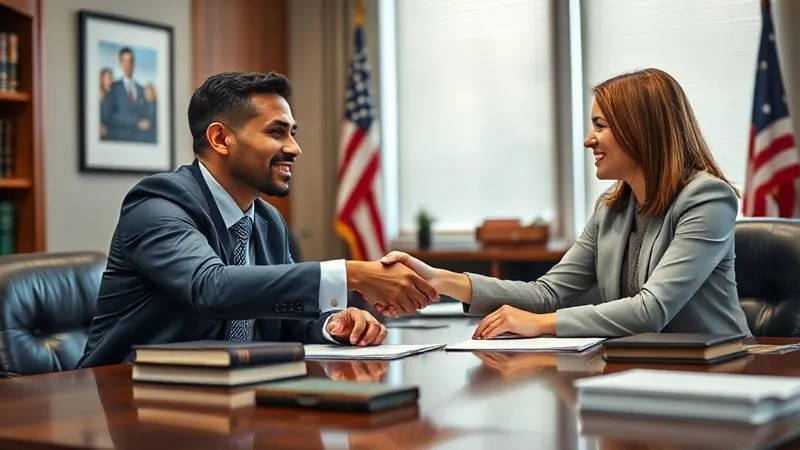 A photorealistic image of a diverse DACA recipient client looking relieved while shaking hands with a professional, empathetic immigration attorney across a polished desk, surrounded by legal books and a subtle American flag in the background. The scene conveys trust, expertise, and successful legal counsel, 8K, cinematic lighting, sharp focus, depth of field, shot on a high-end DSLR.