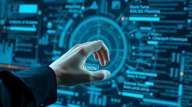 A photorealistic image of a futuristic holographic interface displaying complex data streams and targeting algorithms, with a human hand hovering over a 'decision' button, symbolizing the tension between human control and autonomous systems. Professional photography, 8K, cinematic lighting, sharp focus on the hand and interface, depth of field blurring the background, shot on a high-end DSLR.