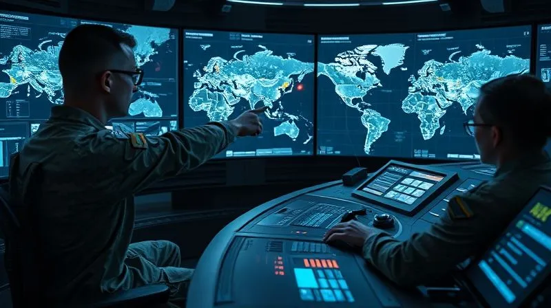 A photorealistic image of a military command center, with soldiers intently monitoring large holographic maps showing conflict zones. One soldier points to a specific area, highlighting a civilian object, while another prepares to input an override command on a futuristic console. Professional photography, 8K, cinematic lighting, sharp focus on the soldiers and holographic map, depth of field blurring the background, shot on a high-end DSLR.