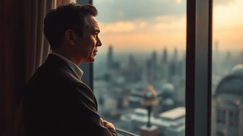 A photorealistic image of a lone, contemplative figure, perhaps a scholar or diplomat, gazing out a window at a futuristic cityscape with subtle, distant robotic elements. The mood is reflective and slightly melancholic, emphasizing the ethical weight of technological advancement. Professional photography, 8K, cinematic lighting, sharp focus on the figure's thoughtful expression, depth of field blurring the background, shot on a high-end DSLR.