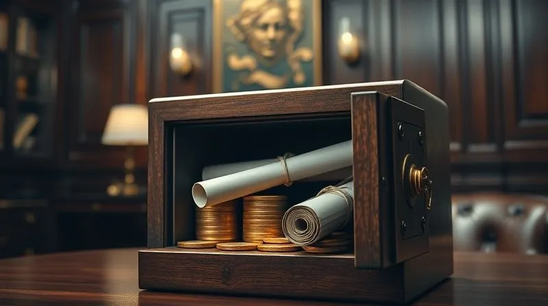 A photorealistic, professional photography shot of a secure, antique wooden strongbox or safe, partially open, revealing neatly stacked gold coins and important-looking rolled documents tied with string. The setting is a dimly lit, richly paneled office, conveying financial security and risk protection. 8K, cinematic lighting with a warm glow, sharp focus on the strongbox contents, depth of field blurring the background, shot on a high-end DSLR.