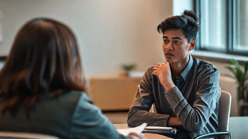 A photorealistic, professional photography image of a distressed international student, with a concerned expression, sitting across from a university DSO (Designated School Official) in a well-lit office. The DSO is listening empathetically, with official university documents visible on the desk. 8K, cinematic lighting, sharp focus, depth of field, shot on a high-end DSLR.