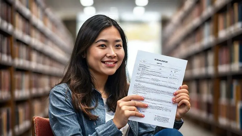 A photorealistic, professional photography image of a young international student, with a look of relief and quiet determination, holding an approved I-20 form. She is sitting in a university library, with softly blurred bookshelves in the background, symbolizing a return to her academic path. 8K, cinematic lighting, sharp focus, depth of field, shot on a high-end DSLR.