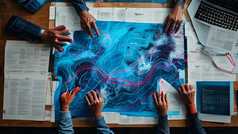 A professional, photorealistic image of a detailed topographical map overlaid with blue lines representing water flow and red markers indicating points of interest or conflict, seen from above on a large conference table. Hands are pointing to specific areas, surrounded by legal documents and a laptop displaying data. Cinematic lighting, sharp focus, depth of field. 8K hyper-detailed, shot on a high-end DSLR.