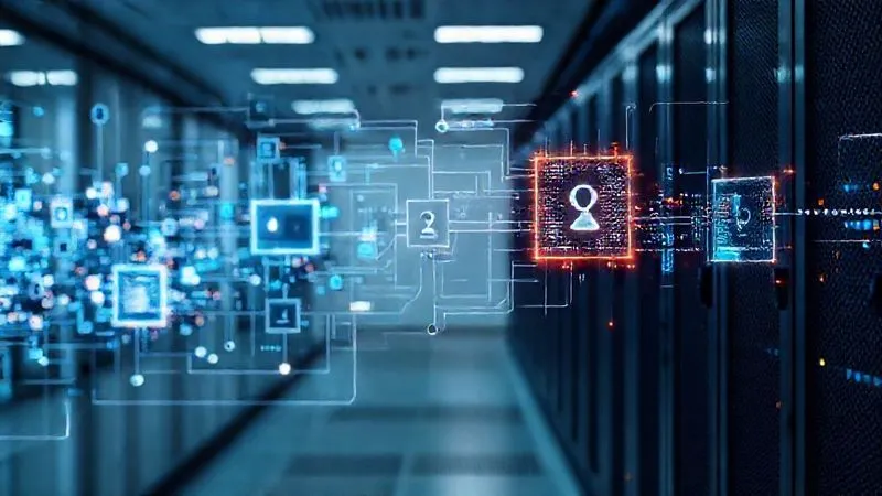 A photorealistic, professional photography, 8K, cinematic lighting, sharp focus, depth of field, shot on a high-end DSLR. A complex digital data flow diagram with various nodes representing data sources, AI processing units, and storage. Interspersed within the flow are glowing, abstract 'privacy gates' or 'filters' that visually transform or obscure sensitive data packets as they pass through, illustrating anonymization and pseudonymization processes. The background is a clean, futuristic server room, emphasizing automation and security.