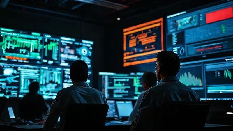 A photorealistic, professional photography, 8K, cinematic lighting, sharp focus, depth of field, shot on a high-end DSLR. A team of diverse professionals (data scientists, lawyers, cybersecurity experts) intensely focused on multiple large, glowing screens in a modern, dark security operations center. One screen displays real-time data flows and AI model activity, another shows legal compliance dashboards, and a third depicts an alert or anomaly. The atmosphere is tense but controlled, emphasizing vigilance and collaborative problem-solving in an AI monitoring context.
