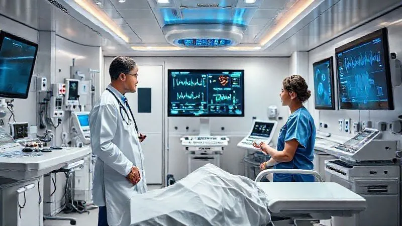 Photorealistic, professional photography, 8K, cinematic lighting, sharp focus, depth of field, shot on a high-end DSLR. A modern, sterile, well-equipped cruise ship infirmary with a doctor and nurse consulting a patient, surrounded by advanced medical equipment and a large screen displaying vital signs or a telemedicine consultation. The environment is clean, bright, and highly organized, conveying competence and preparedness.
