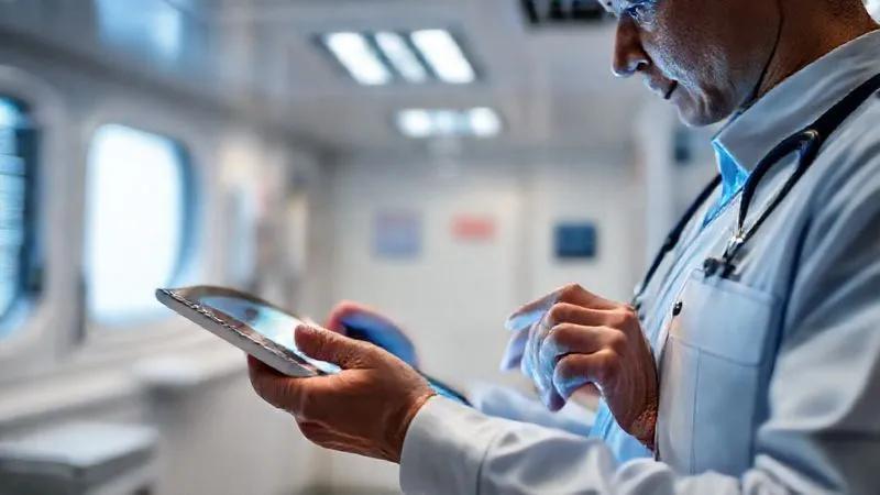 Photorealistic, professional photography, 8K, cinematic lighting, sharp focus, depth of field, shot on a high-end DSLR. A maritime medical officer meticulously inputting data into a secure, encrypted tablet, displaying a digital patient record system. The officer is in a modern, organized ship infirmary, with subtle indicators of advanced technology and data security. Focus on the hands and the screen, conveying precision and confidentiality.