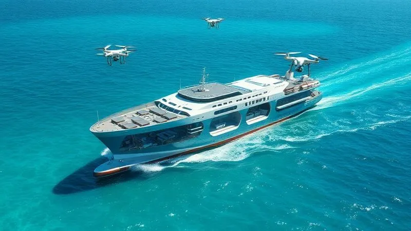 A futuristic, sleek cargo ship sailing through pristine, turquoise waters, with a transparent hull revealing advanced environmental technologies at work (e.g., filtration systems, clean energy reactors). Automated drones with sensors fly overhead, monitoring for any signs of pollution. The scene is bathed in bright, optimistic cinematic lighting, sharp focus on the ship and drones, depth of field blurring the distant horizon, photorealistic, professional photography, 8K, shot on a high-end DSLR.