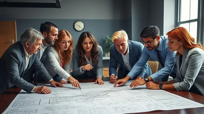 A photorealistic, professional photography image of a diverse team of environmental consultants and legal experts examining blueprints and historical maps laid out on a large table in a dimly lit office. They are pointing at specific areas with focused expressions. Cinematic lighting highlights their faces and the documents. 8K, sharp focus on the documents and faces, depth of field blurring the background, shot on a high-end DSLR.
