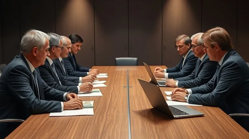 A photorealistic, professional photography image of two groups of people, one representing the EPA (in professional attire) and another representing a company's legal and environmental team, seated at a large conference table. They are engaged in intense but professional negotiation, with documents and a laptop visible. Cinematic lighting creates a serious, focused atmosphere. 8K, sharp focus on the faces and documents, depth of field blurring the background, shot on a high-end DSLR.