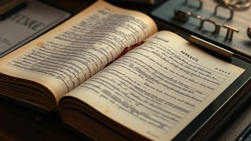 A photorealistic, professional photography, 8K, cinematic lighting, sharp focus, depth of field. A large, weathered ledger book open to a page with complex, handwritten legal entries, with a modern digital tablet displaying a property abstract next to it. The scene conveys the blend of historical documentation and contemporary analysis required for title examination, with a sense of meticulous detail and a hint of the passage of time.