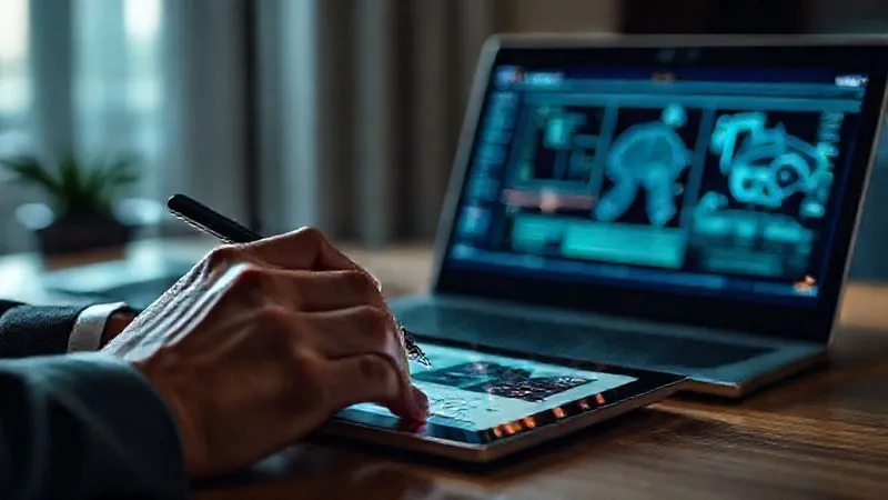A close-up, photorealistic image of a legal professional's hands meticulously documenting digital evidence on a tablet, with a laptop displaying infringing AI-generated images in the background. Cinematic lighting, sharp focus on the hands and tablet, depth of field blurring the background, 8K hyper-detailed, professional photography.