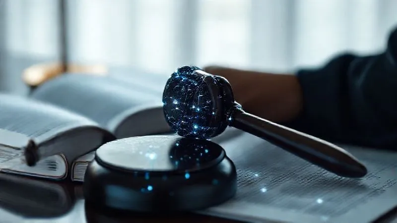 A photorealistic, professional image of a judge's gavel resting on legal texts, with a glowing, abstract neural network overlay subtly interacting with the scene, symbolizing the intersection of traditional law and AI challenges. Cinematic lighting, sharp focus on the gavel, depth of field blurring the background, 8K hyper-detailed, professional photography.