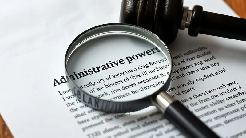 A close-up of a legal document with a magnifying glass over a specific paragraph related to administrative powers, suggesting meticulous scrutiny and legal analysis. Photorealistic, professional photography, 8K, cinematic lighting, sharp focus, depth of field, shot on a high-end DSLR.