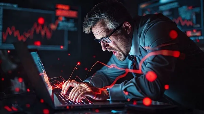 Photorealistic, professional photography, 8K, cinematic lighting, sharp focus, depth of field, shot on a high-end DSLR. A frantic business professional hunched over a glowing laptop screen, surrounded by digital graphs and red alerts, desperately trying to contain a digital 'leak' represented by glowing data streams escaping from the screen. The scene is dark and urgent, conveying stress and immediate action.