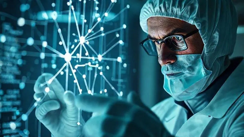 Photorealistic, professional photography, 8K, cinematic lighting, sharp focus, depth of field, shot on a high-end DSLR. A digital forensic investigator in a sterile lab environment, wearing gloves, meticulously examining a glowing holographic projection of network data and code. Intricate lines connect nodes, highlighting a path of unauthorized access. The focus is on the detailed, complex nature of digital investigation, with a serious and concentrated expression.