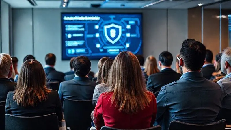 Photorealistic, professional photography, 8K, cinematic lighting, sharp focus, depth of field, shot on a high-end DSLR. A diverse group of attentive business professionals in a modern conference room, looking at a presenter on a large screen displaying cybersecurity best practices and a 'shield' icon. The atmosphere is engaged and educational, emphasizing human awareness as a defense against digital threats.
