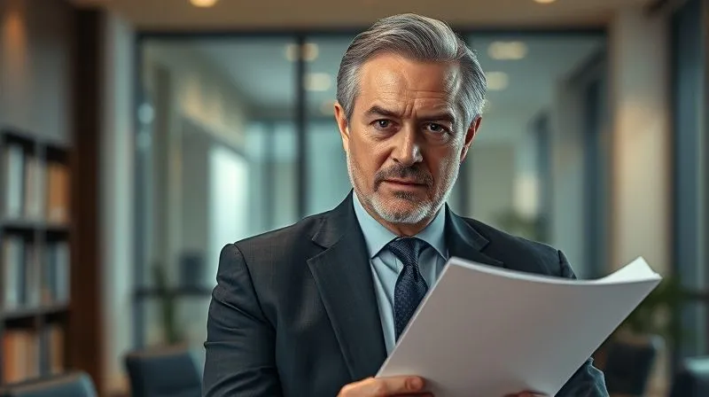 Photorealistic, professional photography, 8K, cinematic lighting, sharp focus, depth of field, shot on a high-end DSLR. A legal professional, perhaps an attorney, with a serious but empathetic expression, looking directly at the camera while holding a legal brief, in a modern, well-lit office setting. Conveying trustworthiness and expertise.