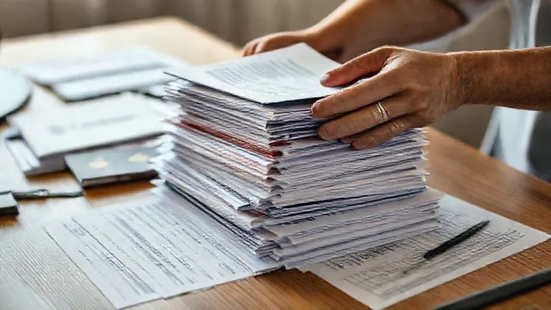 A photorealistic, professional photography, 8K, cinematic lighting, sharp focus, depth of field, shot on a high-end DSLR, depicting a person meticulously organizing a stack of diverse documents – passports, utility bills, bank statements, and tax forms – on a wooden desk, illuminated by soft, focused light. The scene conveys a sense of diligent preparation and attention to detail.
