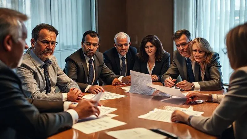 photorealistic, professional photography, 8K, cinematic lighting, sharp focus, depth of field, shot on a high-end DSLR. A diverse group of business people, some stern-faced, some thoughtful, representing different creditor types (e.g., a banker, a small business owner, a legal counsel) seated around a large conference table, looking at financial documents, conveying tension and diverse interests.