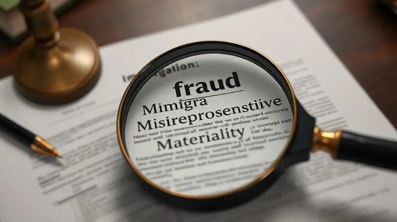 A photorealistic image of a magnifying glass hovering over complex legal documents pertaining to immigration law, with keywords like 'fraud', 'misrepresentation', and 'materiality' highlighted. The background is a blurred, professional law office setting. Cinematic lighting, sharp focus on the documents and magnifying glass, depth of field, 8K hyper-detailed, shot on a high-end DSLR.