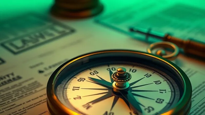 A photorealistic image of a compass with a needle pointing steadfastly towards 'Integrity' or 'Truth', set against a blurred background of abstract legal documents and a subtle green glow. The lighting is strong and symbolic. Cinematic lighting, sharp focus on the compass, depth of field, 8K hyper-detailed, shot on a high-end DSLR.