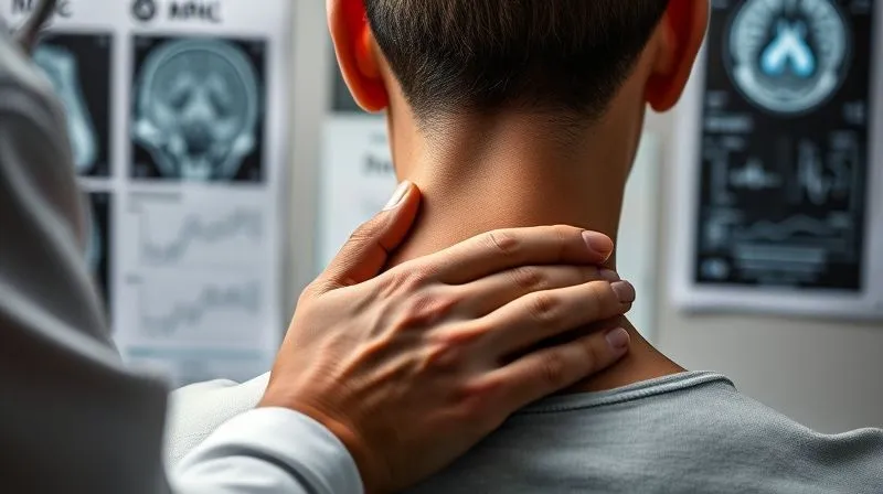 Photorealistic, professional photography, 8K, cinematic lighting, sharp focus, depth of field, shot on a high-end DSLR. A doctor's hands gently examining a patient's neck, focusing on range of motion and palpation, with medical charts and a subtle, blurred MRI scan in the background. The scene conveys empathy, clinical expertise, and detailed assessment, contrasting with abstract mechanical analysis.