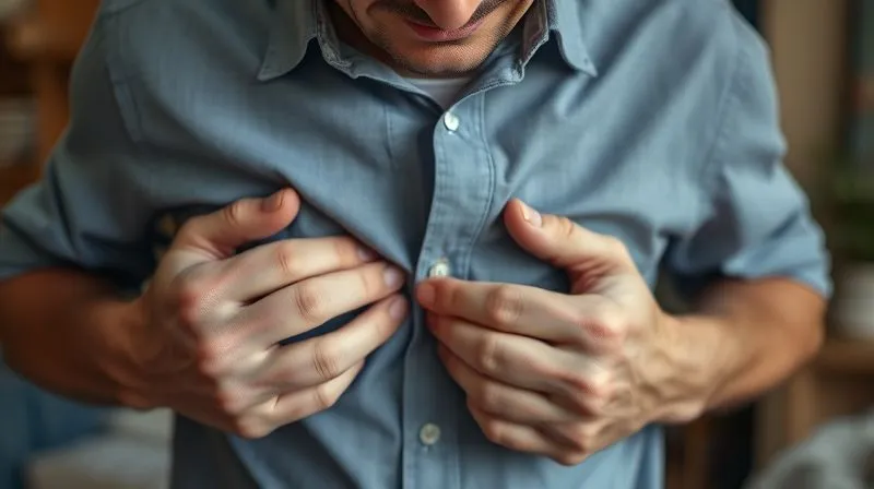 Photorealistic, professional photography, 8K, cinematic lighting, sharp focus, depth of field, shot on a high-end DSLR. A person's hands struggling to button a shirt, with a subtle grimace of pain on their face. The background is a softly blurred home environment, emphasizing the impact on daily, personal activities. The image evokes empathy and highlights functional limitations.