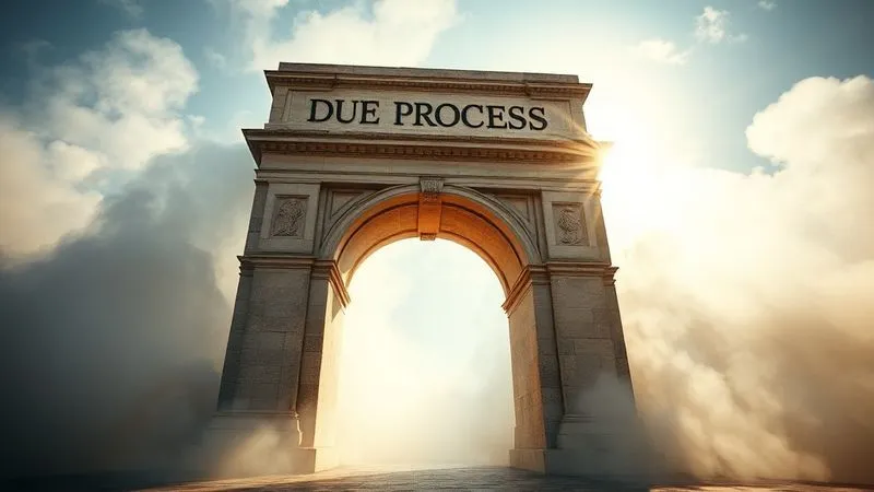 photorealistic, professional photography, 8K, cinematic lighting, a grand, ancient stone archway inscribed with the words 'DUE PROCESS' in Latin, standing firm amidst swirling mists, with sunlight breaking through to illuminate its solid structure, sharp focus on the archway, depth of field blurring the background, symbolizing the foundational nature of constitutional rights, emotionally resonant.