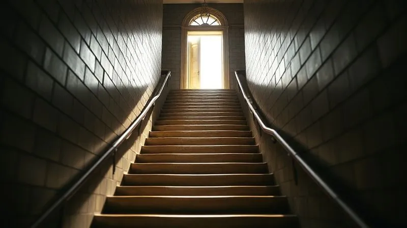 photorealistic, professional photography, 8K, cinematic lighting, a complex, winding staircase ascending towards a brightly lit open doorway, with shadows and light creating a sense of journey and challenge, sharp focus on the staircase, depth of field blurring the surrounding legal architecture, symbolizing the arduous but hopeful path of legal appeals and judicial review, emotionally resonant.