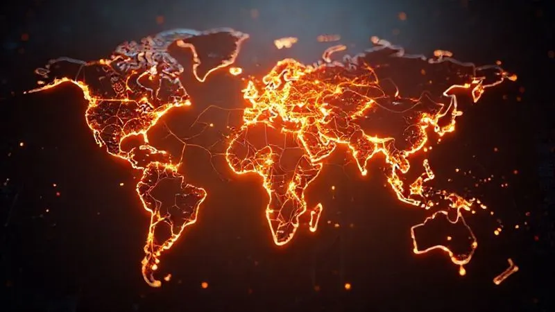 A photorealistic 3D map of the world with glowing, complex data pathways crisscrossing continents, but some pathways are blocked or fragmented by digital walls representing national borders. Cinematic lighting, sharp focus on the data flows, depth of field. Professional photography, 8K hyper-detailed.