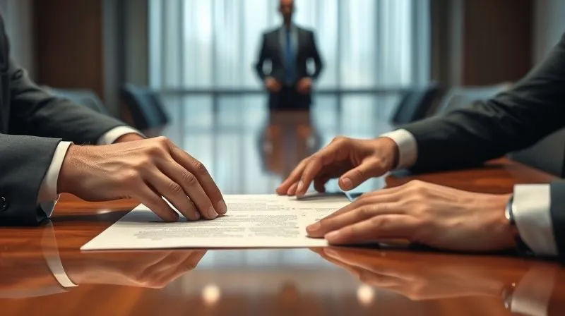 A photorealistic, professional photography, 8K, cinematic lighting, sharp focus, depth of field, shot on a high-end DSLR of two hands, one representing an athlete's agent and the other a team's representative, meeting over a legal document on a polished conference table. A neutral mediator figure is subtly blurred in the background, symbolizing a structured resolution process. The atmosphere is professional and focused on finding common ground.